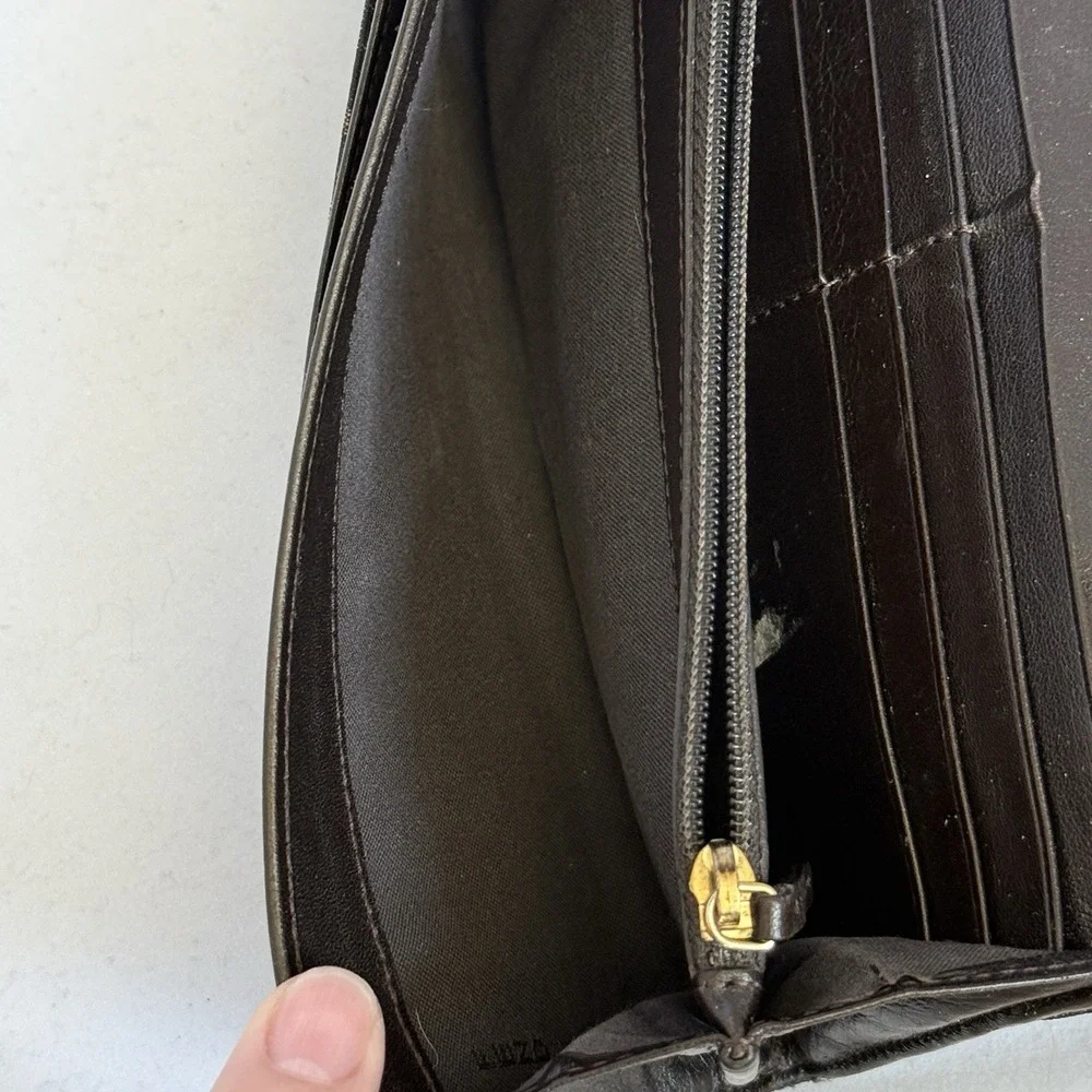 Fendi Zucca Continental Long Wallet Black Brown Canvas Gold‎ Tone Buckle